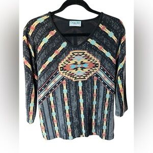 Cactus Bay Southwestern Aztec Print Top USA Boho Western Santa Fe Tee L